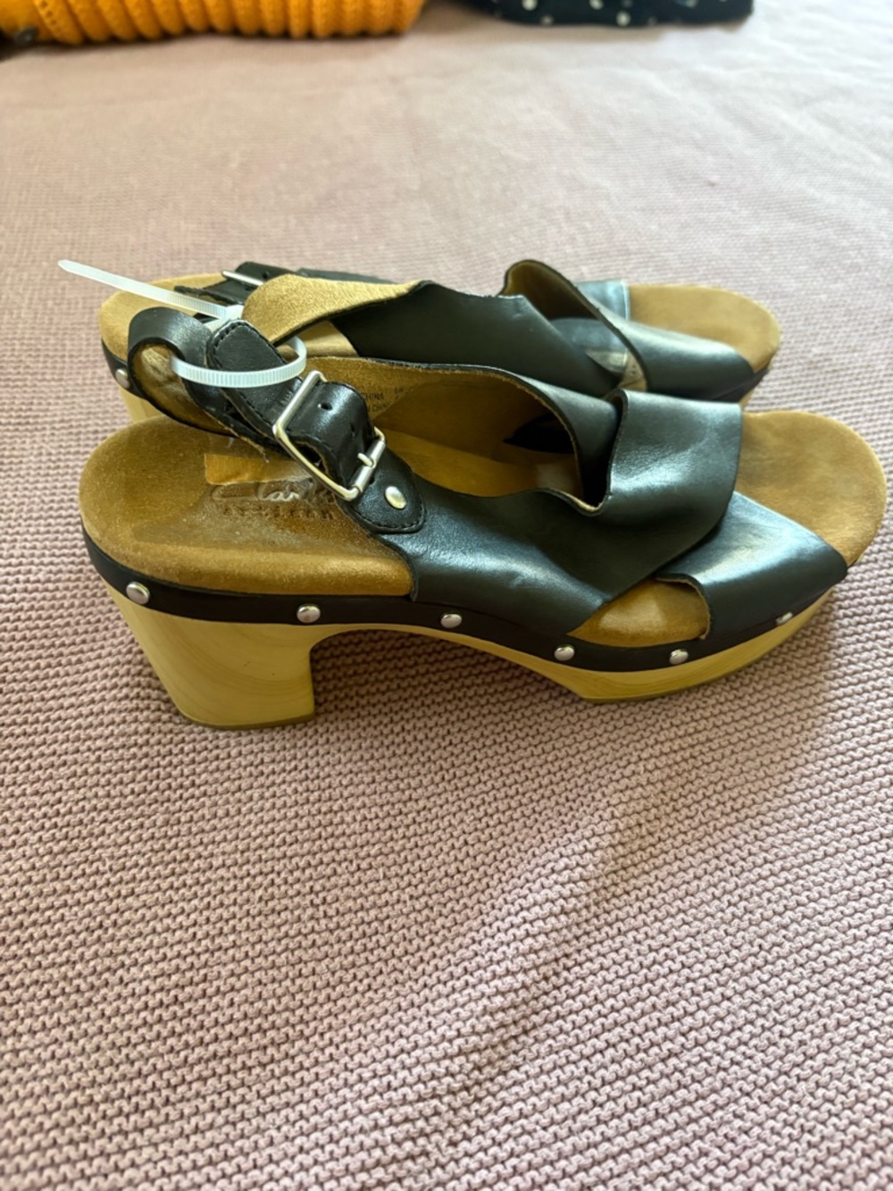 Clarks Leather Clog Sandals with Tan Wooden Heel